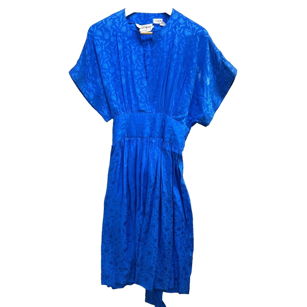 Albert Nipon 80s Silk Dress Women 10 Blue Novelty Heart Star‎ Print Vtg Retro